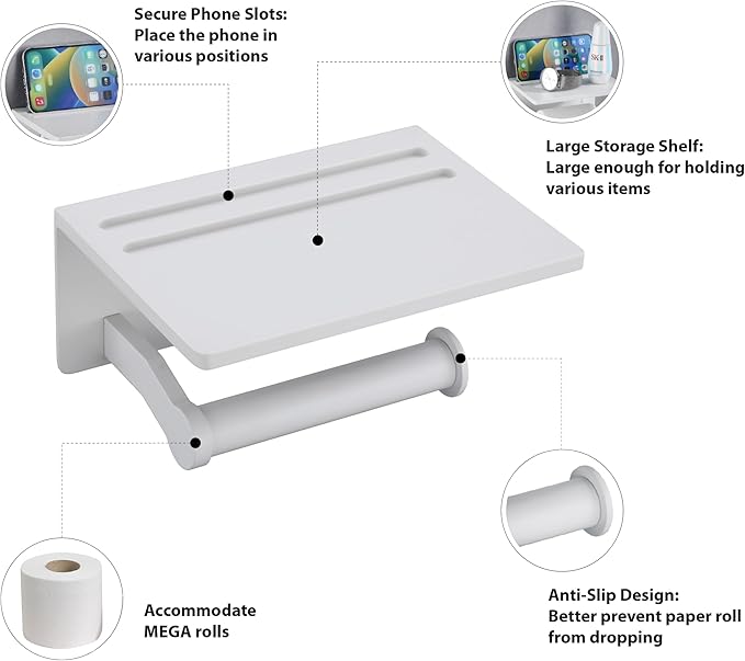 Homely Trove Toilet Paper Holder with Phone Shelf - Tissue Roll Holder Bathroom Storage Dispenser - Adhesive Toilet Paper Holder Wall Mount Bathroom Décor - Matte White