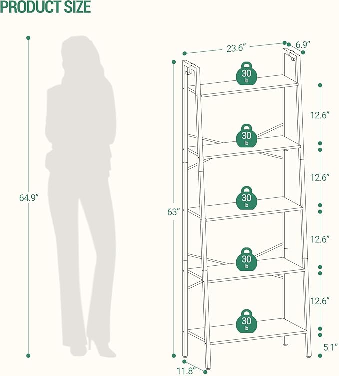 Ladder Shelf, Bookshelf Bookcase, Freestanding Corner Storage Shelve with 2 Hooks for Home Office, Living Room, Kitchen, Bedroom, Industrial, 11.8" D x 23.6" W x 63" H, Greige BC19305B