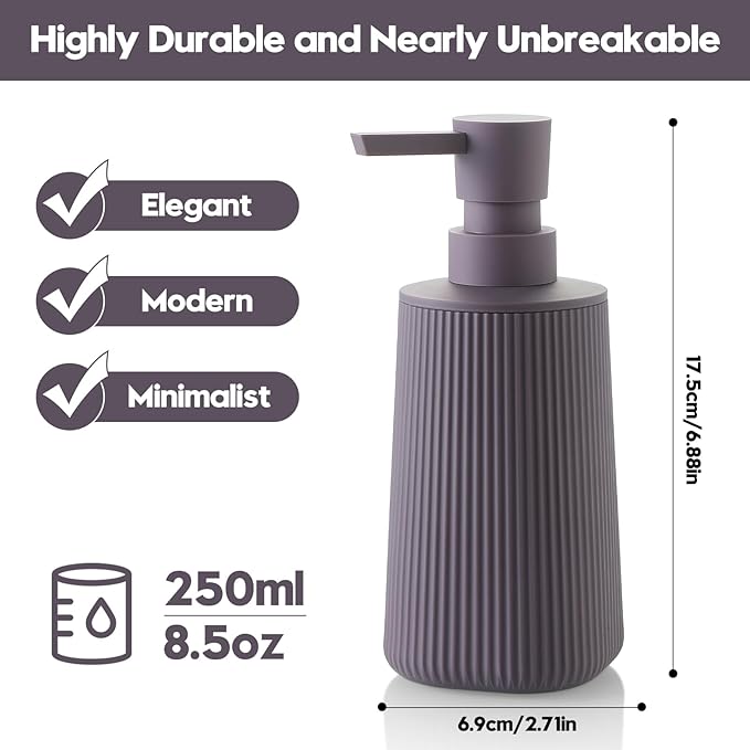 Small Soap Dispenser for Bathroom and Kitchen, Modern Farmhouse Striped Style Plastic Hand Soap Dish Soap Dispenser with Pump Matte Purple