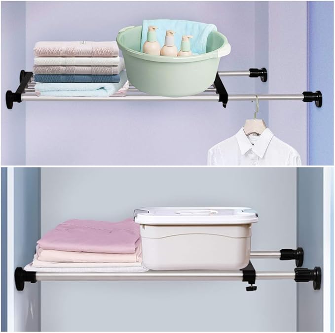 BAOYOUNI Expandable Shelf Closet Tension Rod Adjustable Shelving Unit Storage Rack Organizer Hanger Space Saving Divider for Wardrobe, Cupboard, Kitchen, Bathroom Use, Black