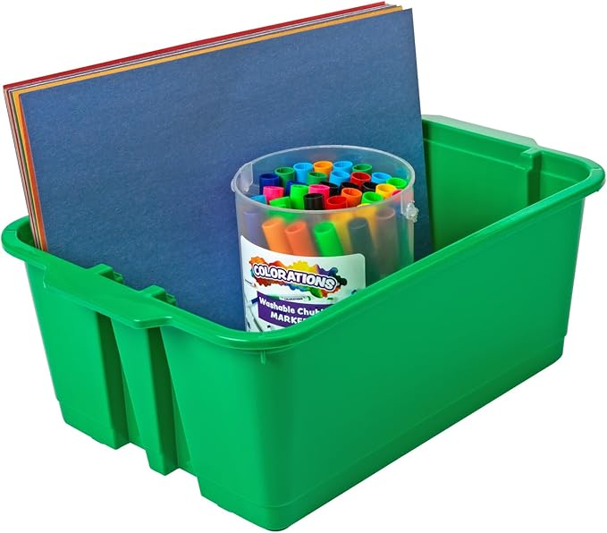 Really Good Stuff Stacking Bins, 14" x 10" x 5 .75" - 12 Pack, Green, Stackable Storage Plastic Bins for Classroom Organization, Home Storage, Office & Hospital Supplies
