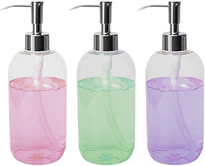 Refillable Clear Soap Dispenser Bottles with Pump, 16 oz (3 Pack) | BPA-Free Plastic Boston Round Containers for Hand Soap, Lotion, Shampoo, Kitchen & Bath