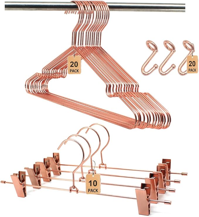 Premium Metal Rose Gold Clothes Hangers Set - 20 Clothes & 10 Pants Hangers, Metal Space Saving Clothes Hangers, Non-Slip, Heavy Duty for Coat, Suit, Skirt 20 Hanger Connectors