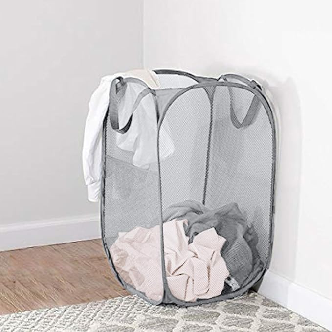 2 Pack Pop Up Laundry Hampers, Collapsible Mesh Laundry Basket, Foldable Clothes Hampers for Bathroom, College Dorm, Travel (Grey)