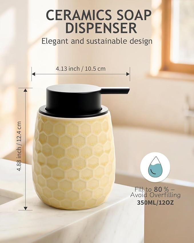 Foaming Soap Dispenser, 12OZ Ceramic Foam Hand Soap Dispenser with Honeycomb Design for Kitchen or Bathroom, Ice Crack Yellow Refillable Dish Lotion Dispenser, ANTIS'S HOME