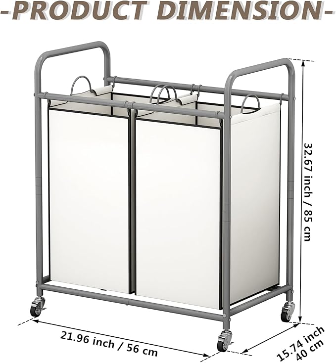 SUOERNUO Laundry Hamper Basket 2 Bag Laundry Sorter Cart with Rolling Removable Bags Laundry Organizer Cart for Clothes Storage, Beige (2 Bags, Beige)