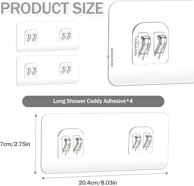 4PCS Shower Caddy Adhesive Replacement, Strong Transparent Adhesive Hooks, No Drilling Shower Shelf, Waterproof Showers Adhesives Strip, Ad-Hesive Hook for Showers