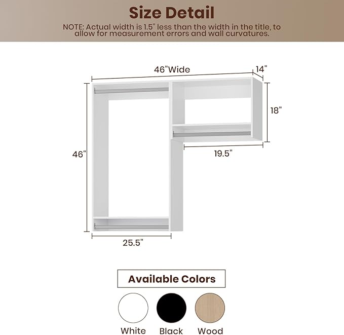 ROOMTEC Modular Closet System, 46" Wall-Mounted Closet Organizer with Hanging Rods, Wooden Tower for Walk-In Closets, Wardrobe Storage Kit, White