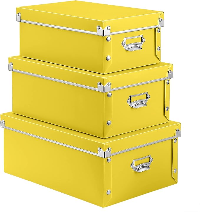 SEEKIND storage box with Lids,3 in 1 Set,Plastic,with Handles,Press-Stud Fastening,Moisture-proof,Foldable for Space Saving Storage,for Clothes,DVD,Blankets (Yellow) …