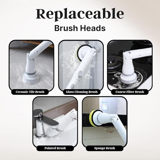 Electric Spin Scrubber Cordless – High-Power Bathroom & Shower Cleaner with Long Handle, 8 Replaceable Heads, Dual Speed (350/420 RPM), 200-Minute Battery Life for Tile, Floor, and Grout Cleaning