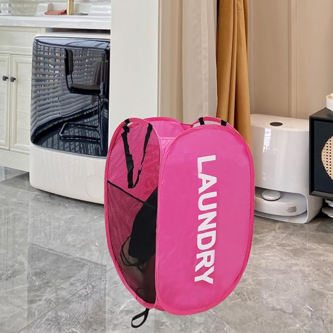 Larpur Pop Up Laundry Baskets, 2 Pack Mesh Laundry Hampers with Handles, Collapsible Clothes Hampers Mesh Basket for Home, Dorm, Travel (Gray + Pink)