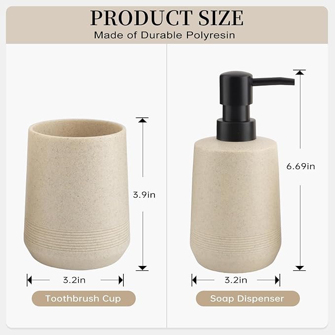 Bathroom Accessories Set, 2 Piece Resin Bathroom Accessory Set with Soap Dispenser and Toothbrush Holder for Modern Bathroom Decor (Beige)