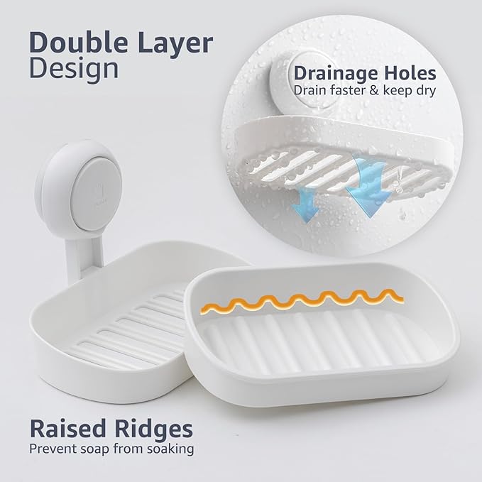 LEVERLOC Soap Holder Suction Cup for Shower, 2 Pack Bar Soap Dish Holder for Shower Wall Mounted NO-Drilling, Plastic Self Draining Removable Vacuum Suction for Bathroom Bathtub Sink