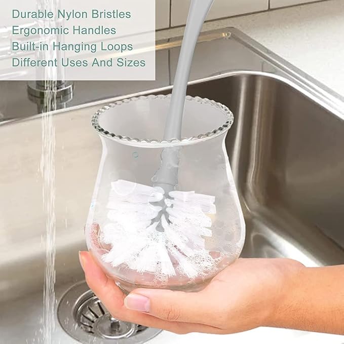 Dish & Bottle Brush Set, 4-Piece Kitchen Cleaning Brushes, Gray, Plastic Handles, Medium Bristles (Nylon or Polyester)