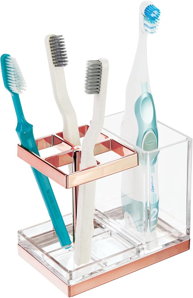 mDesign Plastic Toothbrush and Toothpaste Storage Organizer Holder - Home Decor for Bathroom Countertop - Holds Toiletries and Beauty Accessories - Lumiere Collection - Clear/Rose Gold