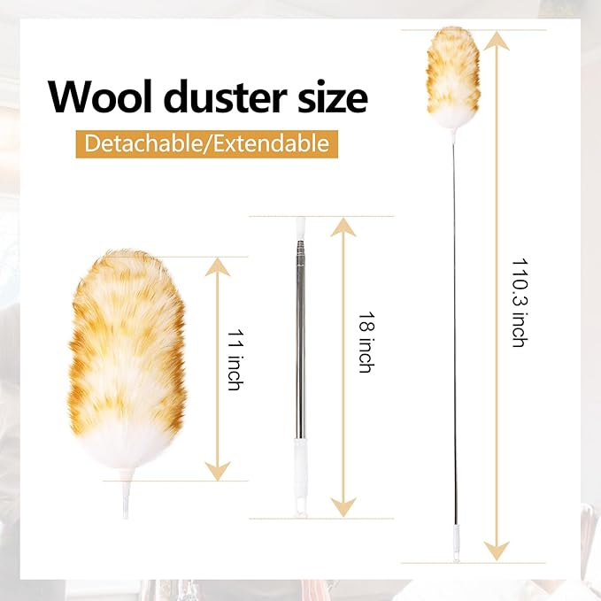 Lambswool Extendable Duster 29-110 Inch, Anti-Static Flexible Head, Stainless Steel Pole for High Ceilings, Fans, Interior & Roof Dusting.