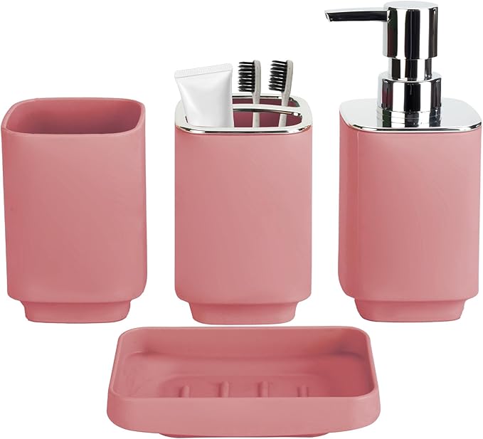 4Pack Bathroom Accessories Set, Bohemian Bathroom Sink Set, Contain Soap Dispenser, Toothbrush Holder, Soap Dish & Mouthwash Cup,Square soap and Toothbrush Holder Set
