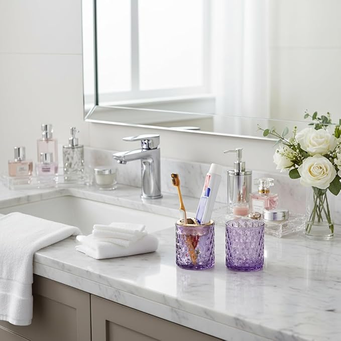 2pcs Purple Toothbrush Holders for Bathrooms, Glass Toothbrush Holder and Bathroom Tumbler Set, Gold Tooth Brush Cup Holder, Bathroom Counter Organizer for Brushes, Toothpaste