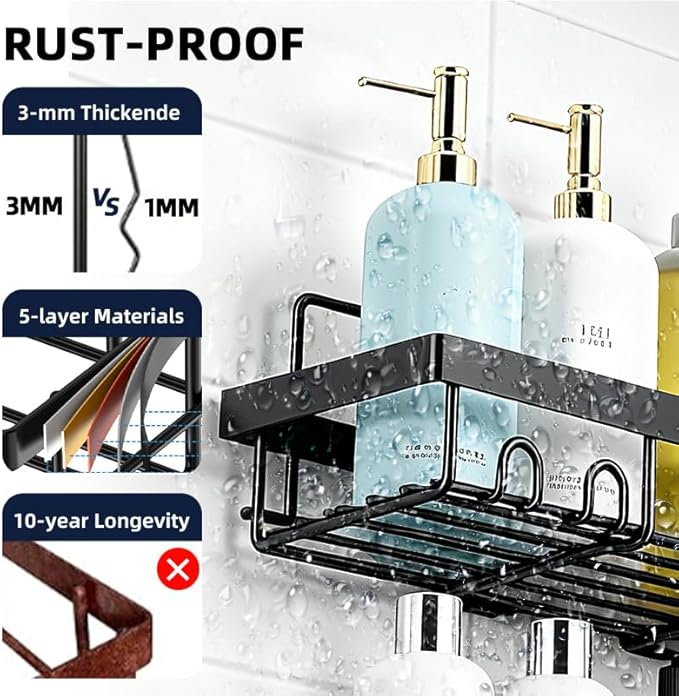 MIKEE Adhesive Shower Caddy, Rustproof Shower Organizer with Soap Holder, 6 Pack Large Capacity Shower Shelves for Inside Shower, No Drilling Bathroom Organizers and Storage, Black