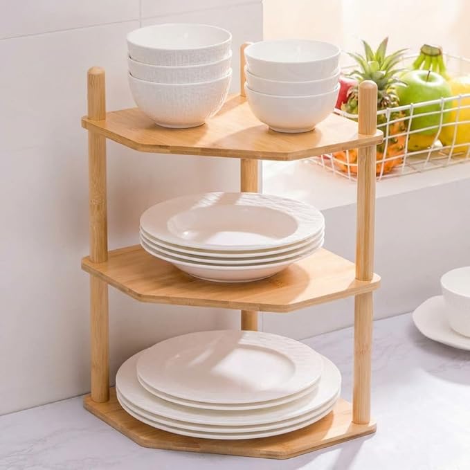3 Tier Expandable Bamboo Corner Shelf - Dish/Plate Organizer for Cabinet, Kitchen Counter Shelf & Small Kitchen Shelf, Adjustable (1, 3Tier-6.7" H)