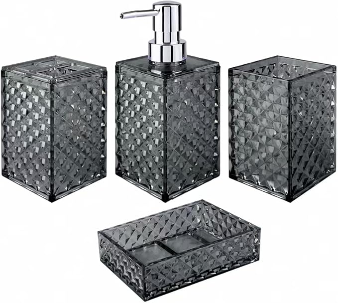 Bathroom Accessory Set, Grid Pattern 4 Pcs Plastic Bathroom Set Include Soap Dispenser, Soap Dish, Toothbrush Holder, Mousewash Cup, Modern Bahtroom Décor Set, Space Save for Bathroom((Grey)