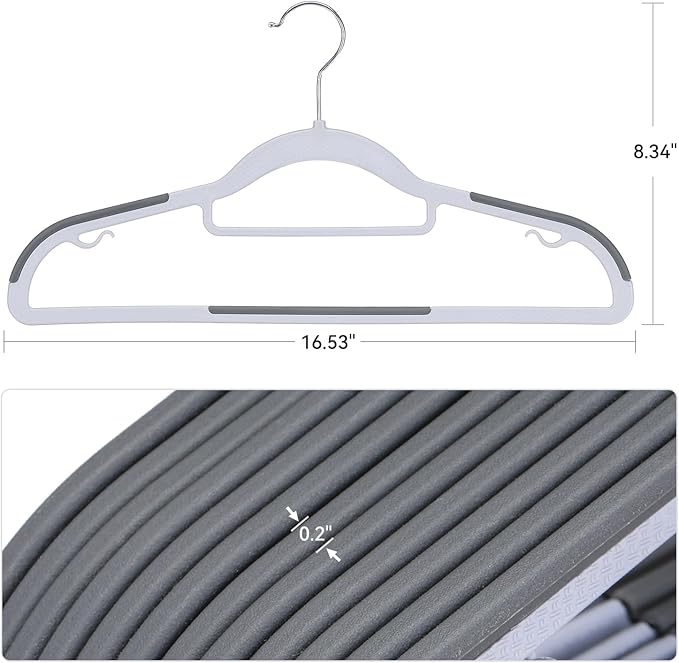 NCXTKJ 50-Pack Heavy Duty Coat Hangers, Non-Slip, 0.2'' Slim, 360° Swivel Hook, 16.5 Inches Wide, Space-Saving Plastic Clothes Hangers for Suit, Shirt & Pants, Light and Dark Gray