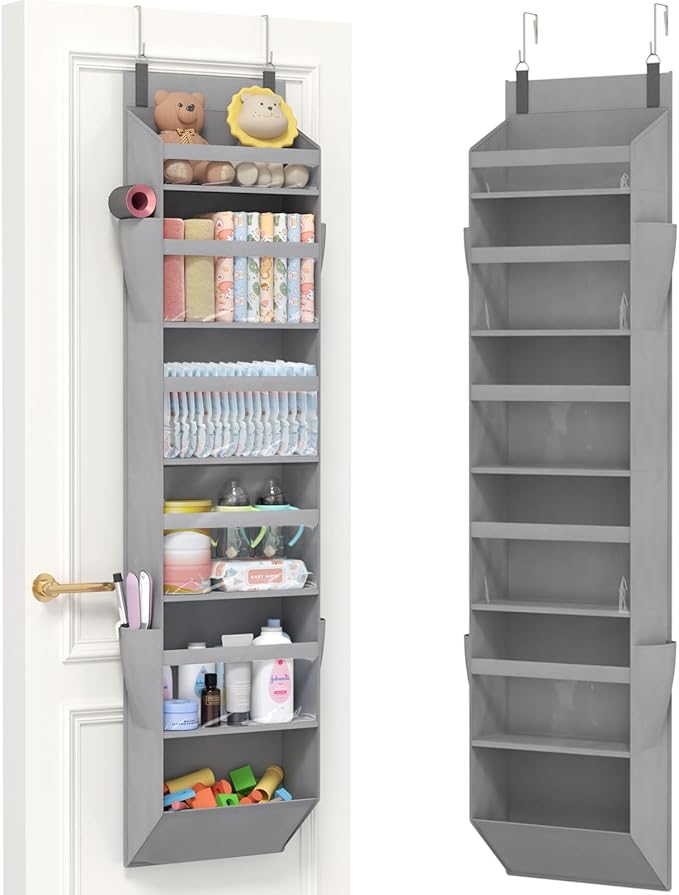 Lifewit 1 Pack Over the Door Organizer, Clear Window Hanging Storage with 4 Mesh Side Pockets, Anti Tilt 40 lbs Load Behind Door for Pantry, Nursery, Bathroom, Bedroom, Dorm, 6 Section, Light Gray