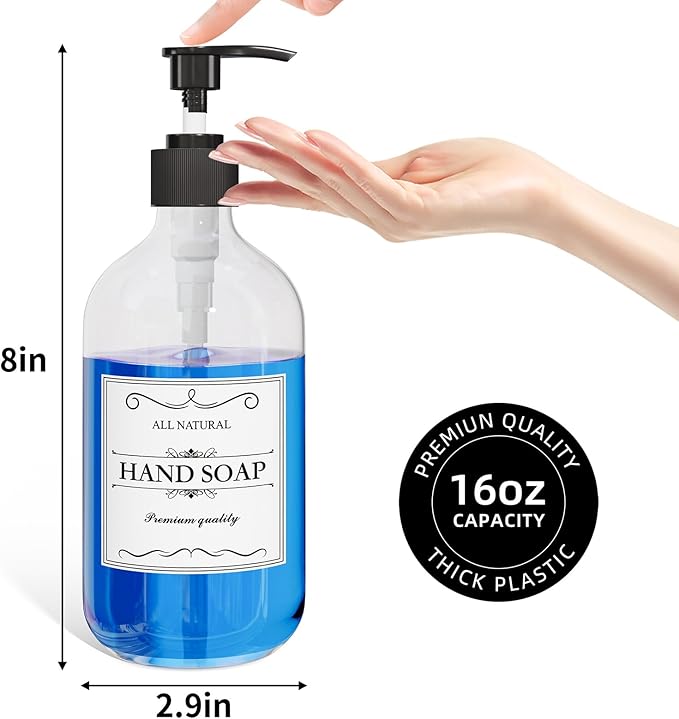2PCS Clear Dish Soap Dispenser for Kitchen with Rust Proof Pump (16 Oz), Premium Hand Soap Dispenser for Bathroom, Plastic Liquid Soap and Lotion Dispenser/Bottles Set, Waterproof Labels