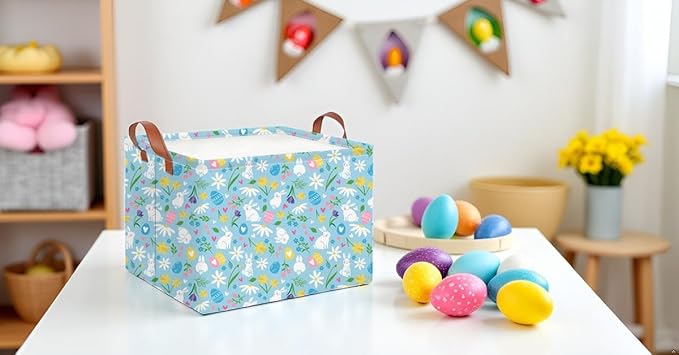 CLOCOR Rectangular Easter Gift Basket Empty,Waterproof Toy Bin with Handles,Books Basket,Room Decor(Rabbits Easter Basket)