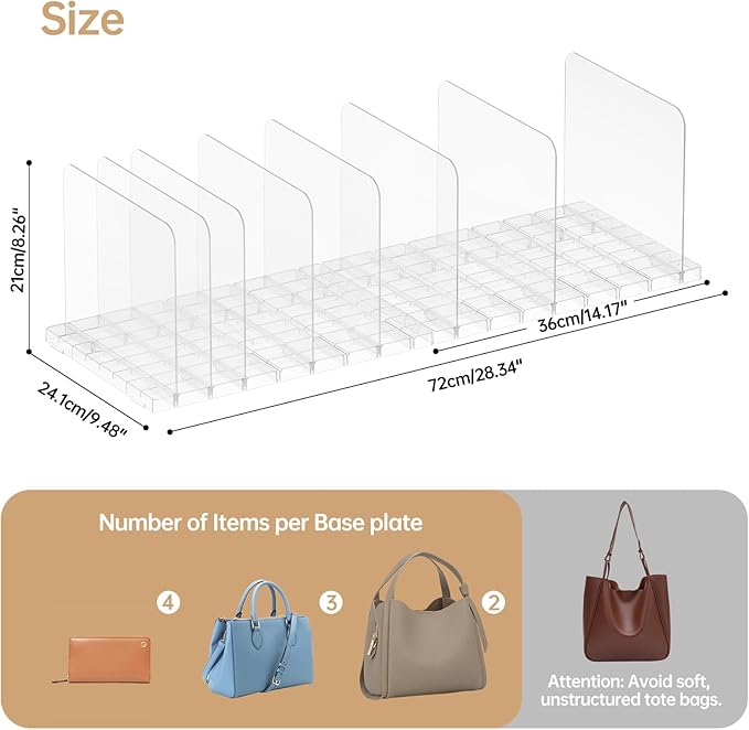 Purse Organizer for Closet, Stackable Handbag Storage Shelf, Adjustable Clear Shelf Dividers, Keep Clutch, Bag, Pocketbook Upright, for Bedroom