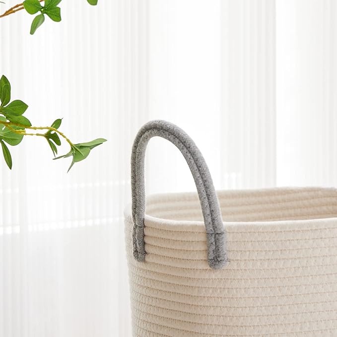 VIPOSCO Large Laundry Hamper, Tall Woven Rope Storage Basket for Blanket, Toys, Dirty Clothes in Living Room, Bathroom, Bedroom - 100L Grey & White