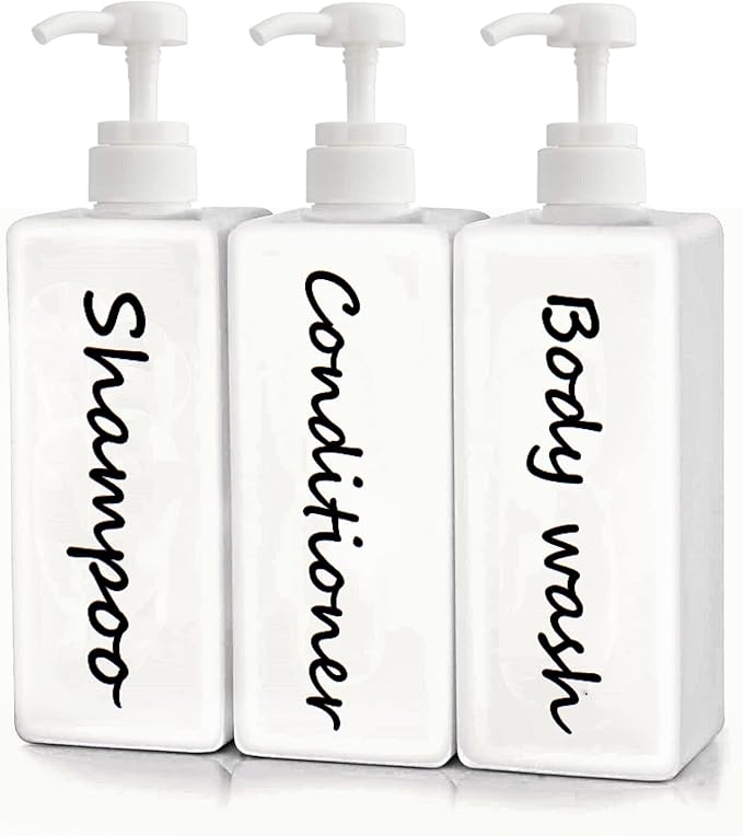 21oz Shampoo and Conditioner Dispenser (Set of 3) Modern Refillable Shampoo Pump Bottles for Shower Soap - Empty Shampoo Conditioner Body Wash Dispenser Set - Stylish Permanent Labels - for Bathroom