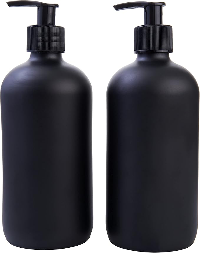 Black Boston Round Glass Bottles, 16oz | Glass Spray Bottle & Soap Dispenser | Reusable for Cleaning & More | Set of 2