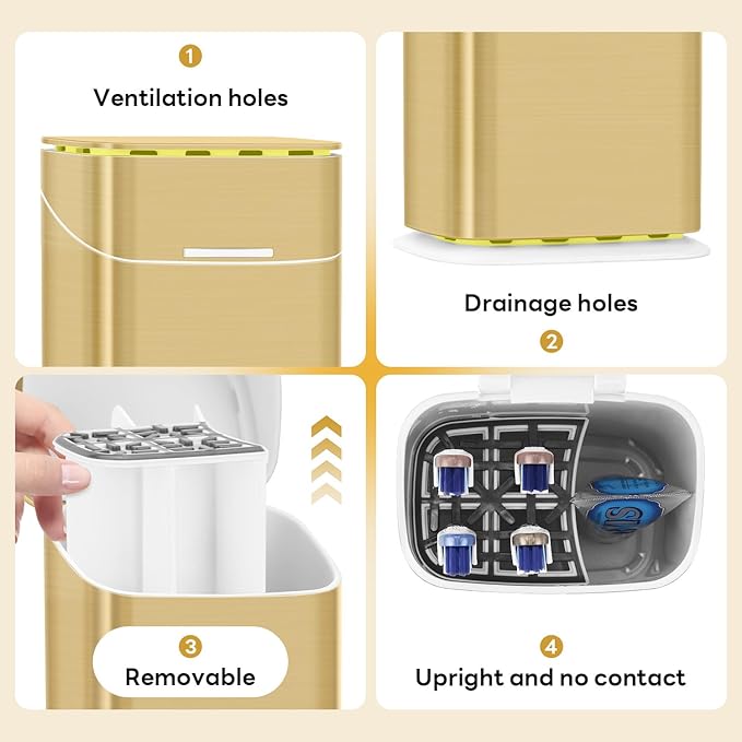 GFWARE Toothbrush Holder with Cover - 5 Slots Toothbrush Holders for bathrooms, Detachable Bathroom Caddy Organizers and Storage Kids Tooth Brush and Toothpaste Holde, Gold