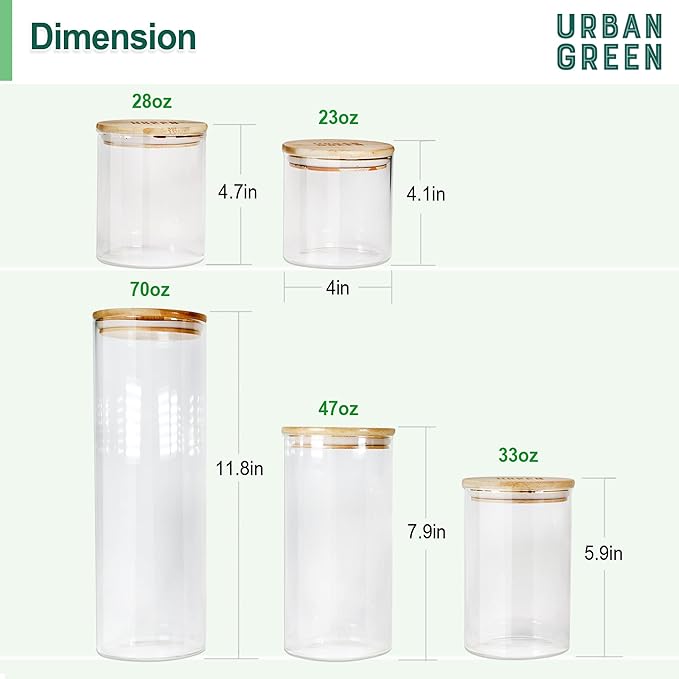 Urban Green Glass Jars with Airtight Lids, Airtight Glass Canisters with Locking Lids, (Bamboo-20oz)