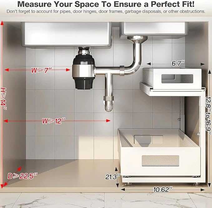 Corbyles 2 Pack 21.3IN-Depth Under Sink Organizer With Next-Gen Ball-Bearing Slides,2-Tier Pull Out Cabinet Storage,Height Adjustable Drawer Shelf for Bathroom,Kitchen,Laundry,Cabinet,Pantry-White