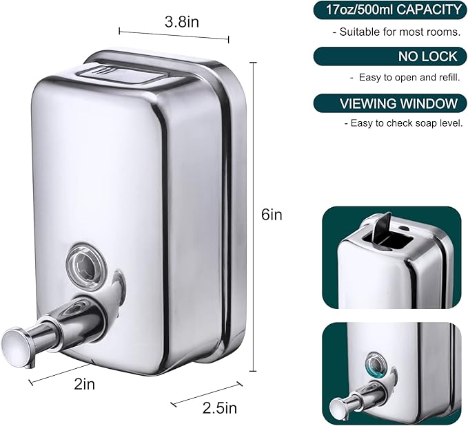 Commercial Soap Dispenser Wall Mount Stainless Steel Manual Liquid Pump Rust-Proof Leak Free for Bathroom (17 fl oz / 500ml)