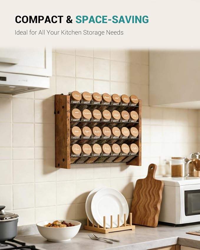 NESAPTO Spice Rack Organizer for Cabinet, Wooden 4 Tier Vertical Seasoning Organizers for Kitchen Pantry, Countertop/Wall Mount, Holds 28 Spice Jars (No Jars Included), 14" W × 9.4" H