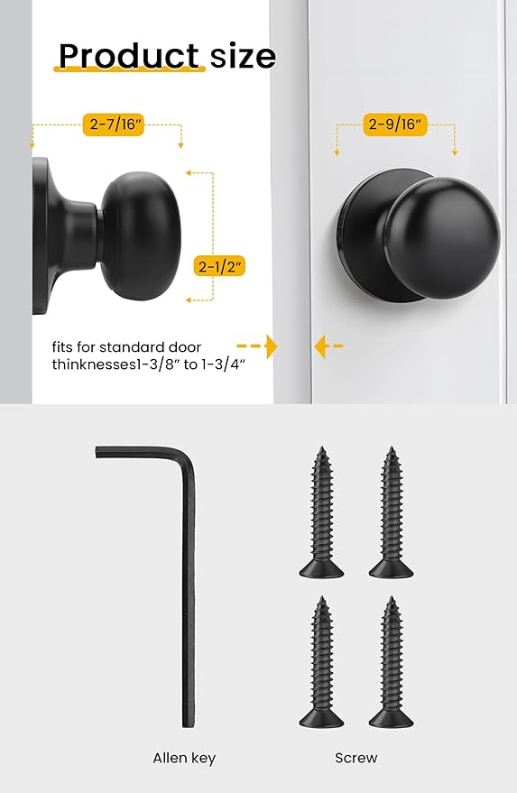 Goldenwarm Black Dummy Door Knobs, No-Turning Door Knob，Matte Black Inactive Half Door Handle for Closet Doors(6 Pieces)