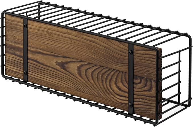 MyGift Toilet Paper Roll Holder Basket, Industrial Matte Black Metal Wire and Rustic Burnt Wood Above Tank Bathroom Toiletries Storage Organizer Vanity Basket