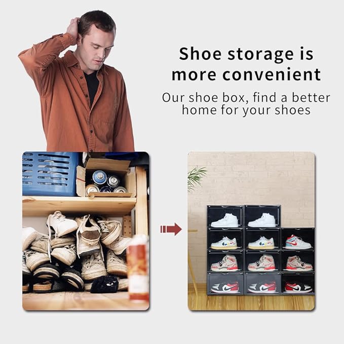 XL clear shoe storage boxes stackable, 8 Pack Large Shoe Boxes Clear Plastic Stackable, Drop side Sneaker Container Fit Size 13 (Black 8 Pack)