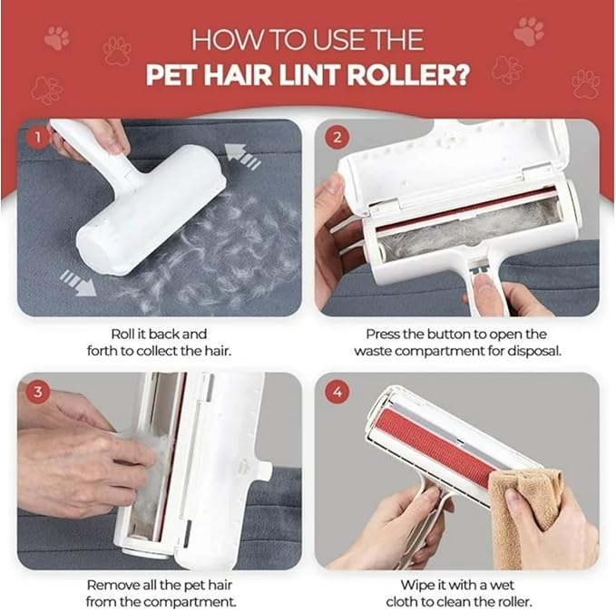 DOGGIE HUSH Pet Hair Remover Roller with Ergonomic Gray Handle, Red Brush, Self-Cleaning Base for Furniture, Clothing, Car Seats, Reusable Lint and Fur Removal Tool