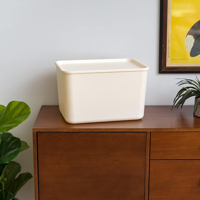 IRIS USA 24 Qt. Plastic Basket Storage Bins with Lids, Large, 4-Pack, Stackable Lidded Storage Organizer Bins for Kitchen, Bathroom and Bedroom, Off White