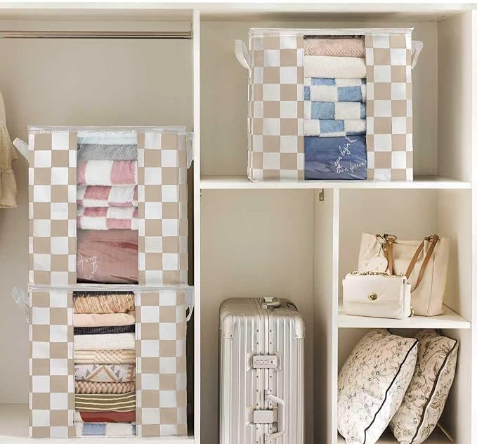 Beige Checkered Clothes Storage Bins, 100L Large Blanket Storage Bags 3 Pack, Closet Organizers and Storage Containers for Comforters, Bedding, Foldable Organizer with Handle