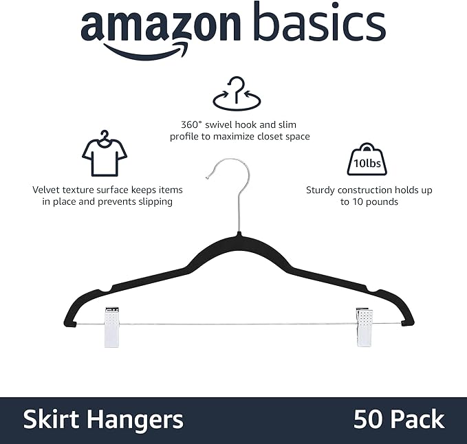 Amazon Basics Velvet Non-Slip Skirt Clothes Hangers with Clips, 360 Degree Rotatable Hook, Sturdy Construction, Organize Pants and Skirts, Black/Silver, 50-Pack