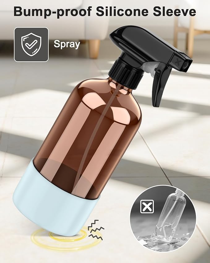Amber Glass Spray Bottle with Silicone Sleeve Protection, 16 oz Refillable Spray Bottle for Cleaning Solutions, Plants, Aromatherapy, Facial Hydration (Blue Sleeve(Amber Bottle)