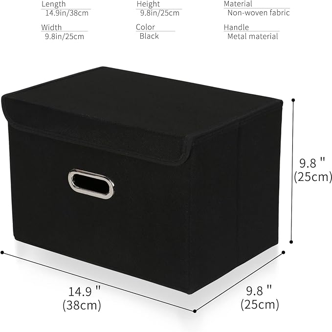 4-Pack Large Collapsible Storage Bins with Lids,Fabric Storage Cubes Organizer for Shelves,Closet,Nursery,Foldable Cube Storage Baskets with Handles,Home Boxes (14.9"x9.8",Black)