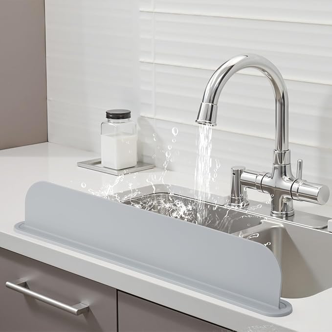 19.29 inch Kitchen Sink Splash Guard, Silicone Sink Baffle Splash Guard, Backsplash Protector for Kitchen Countertop & Bathroom Bathtub with Non-Slip Strong Suction, Gray