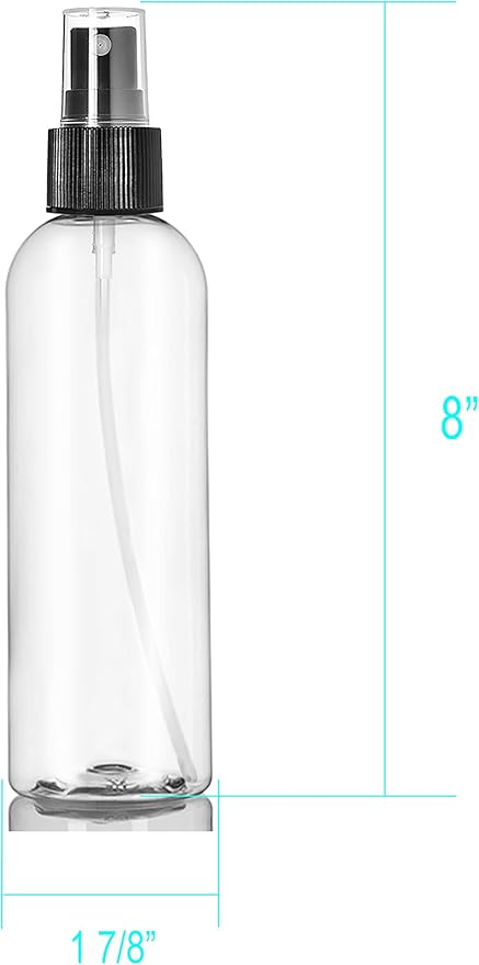 ljdeals 8 oz Clear Plastic Spray Bottles, Black Fine Mist Sprayer, Refillable Empty Bottles for Essential oils, Perfumes, Travel. Pack of 2, Made in USA