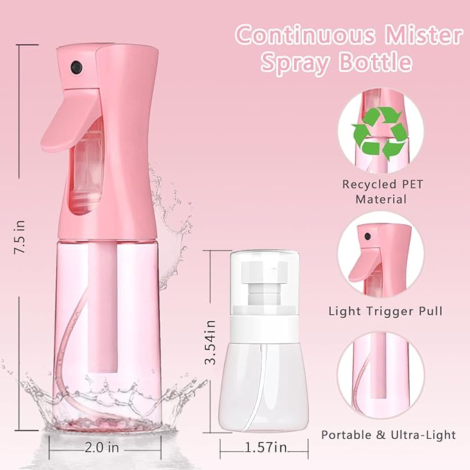 3 Pack Spray Bottles, 2-Pack Continuous Spray Bottles,Fine Water Mist Spray Bottles for Hair 6.8 OZ (200 ML) and 1oz 30ml Travel Spray Bottle Mister for Cleaning,Hairstyling,Plants,Barbers,Pink